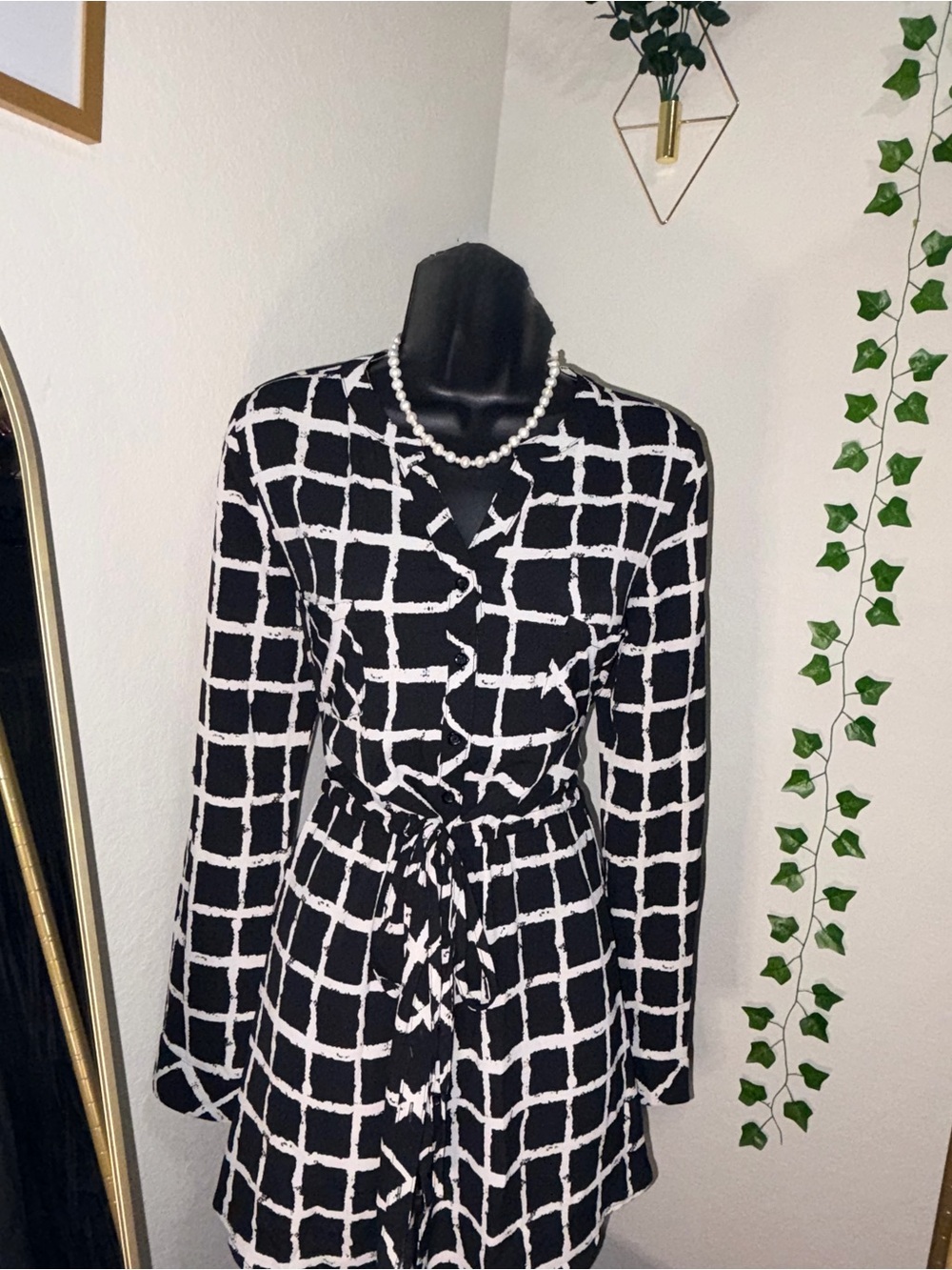 J.O.A. Black and White Grid Wrap Dress with Tie Waist